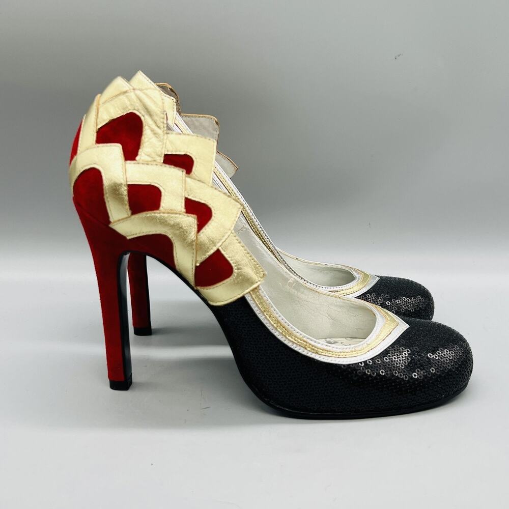 Oh Deer Shoes Women 10 Black Red Gold Sequin Ginger Stiletto Heel Pump Round Toe